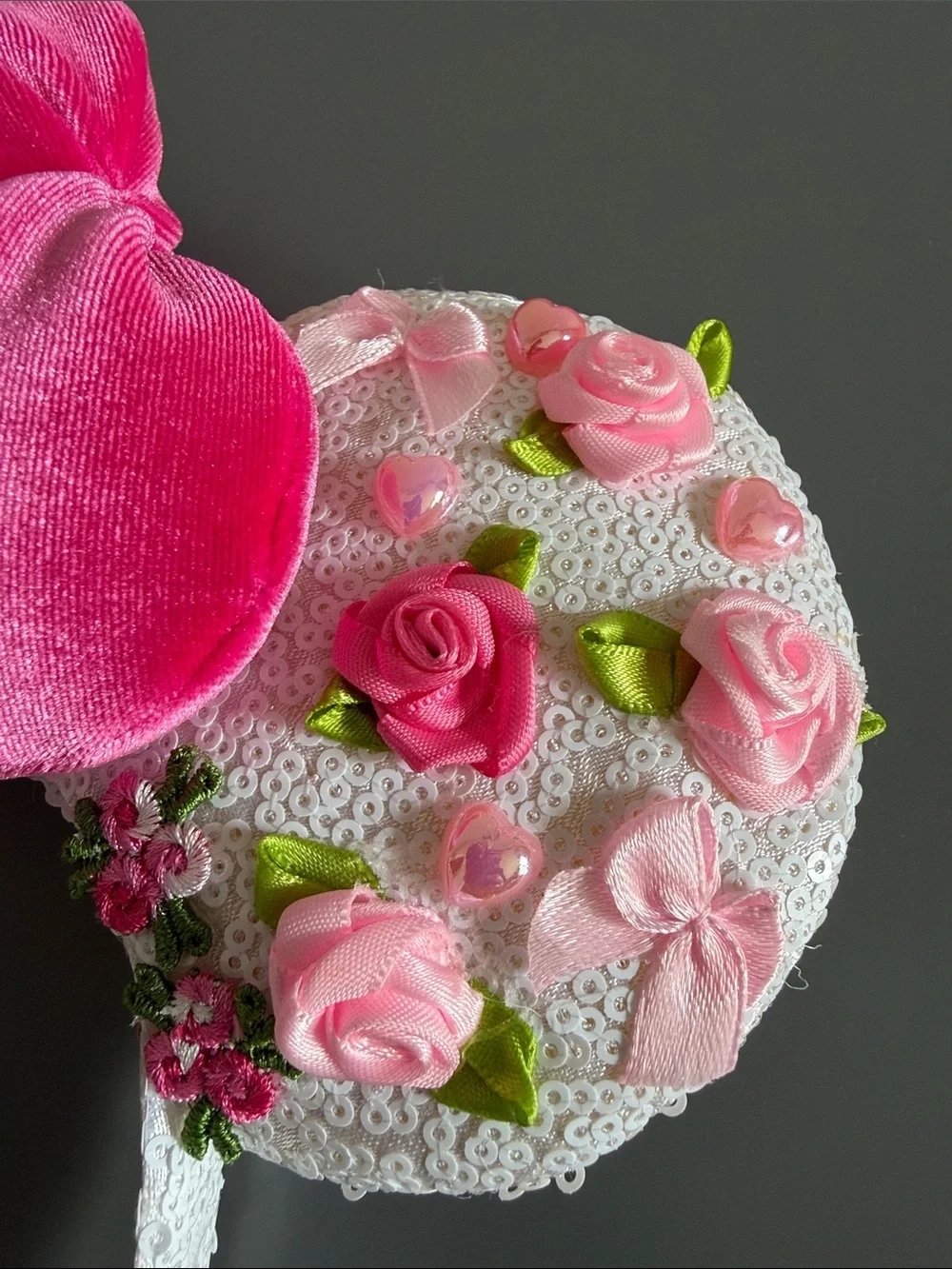 Disney Minnie Mouse Pink Bow Sequin Embellished Rose Flowers Ears Headband